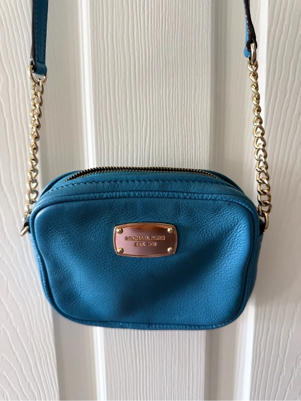 Michael Kors Blue Leather Crossbody with Gold-Tone Chain